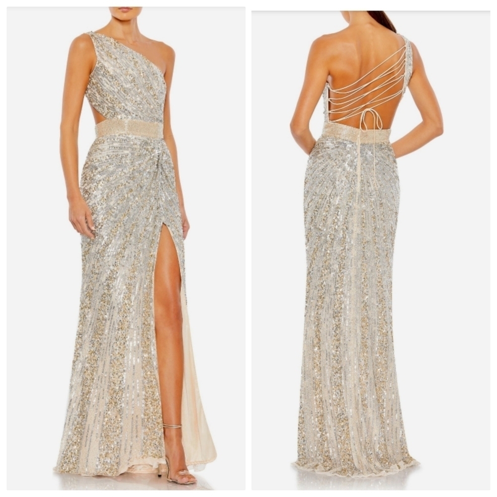 Mac Duggal Sequined One-Shoulder Lace-Up Gown